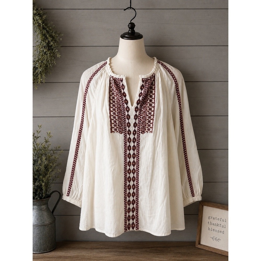 J. Jill Popover Top Blouse Cream Embroidered Beaded Boho Peasant Top Size M
